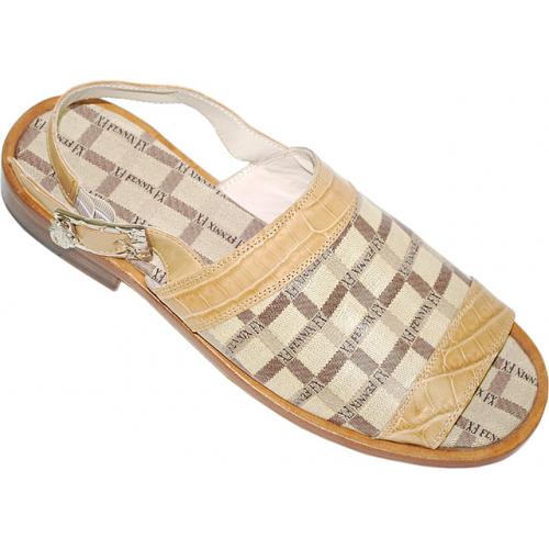 Fennix Italy 3289 Sand / Tan Genuine Alligator / Fennix Fabric Sandals With Silver Buckle